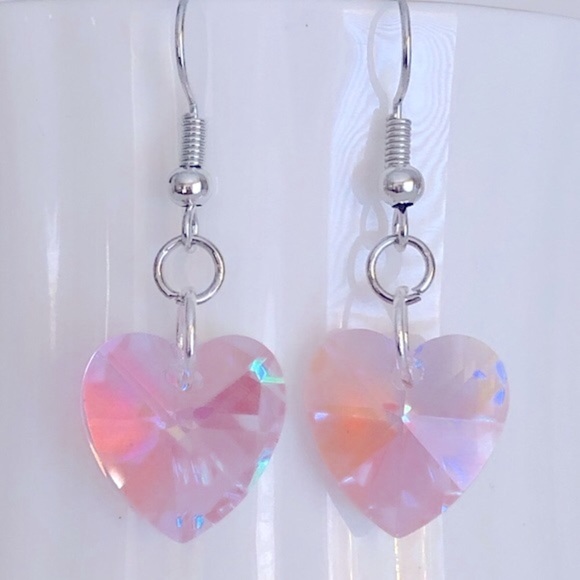 New Pale Pink Sparkling Dangling Drop Crystal AB Heart Earrings Handmade Gifts - Picture 3 of 4